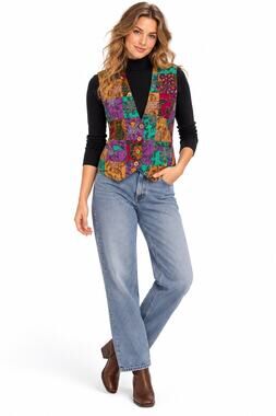 Vintage ‘90s Theo Indonesian Batik Patchwork Beaded V-Neck Button Front Vest